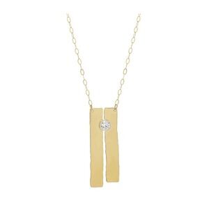 14K Plated Gold Hammered Bar Pendant Necklace with Cubic Zirconia Stone